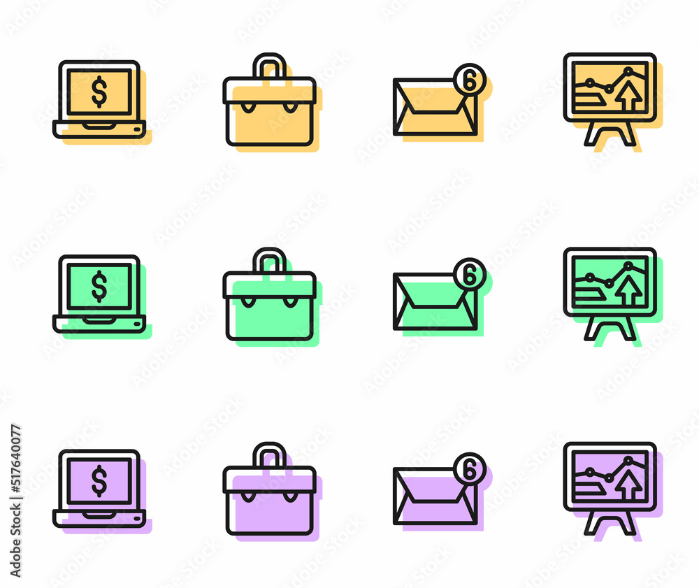 Poster set line mail and e-mail, laptop with dollar, briefcase and monitor graph chart icon. vector