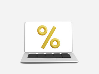 Percent discount laptop. Realistic 3d vector icon. Cartoon minimal style. Vector illustration