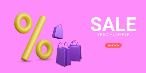 Design template for sale. Discount banner on a background with copy space and shopping bags,  volume percent sign. Vector Illustration