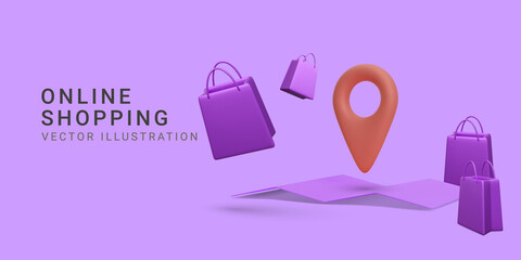 Online shopping banner with gift bags and location your store. 3d realistic vector illustration