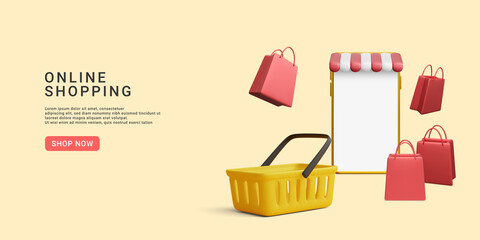 Store banner with phone, product cart, gift bags. 3d realistic vector illustration