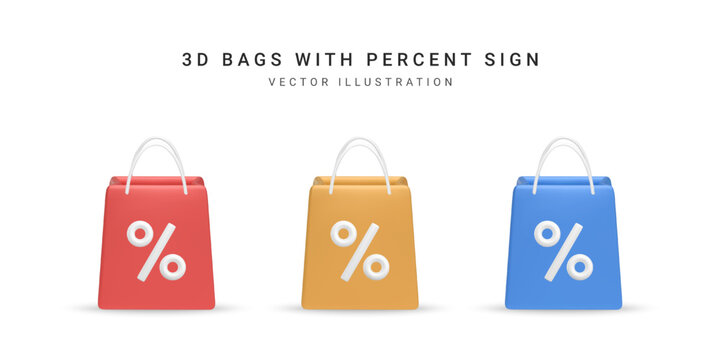 Set of 3D cartoon shopping bag with percent sign. Online shopping, sale promotion, discount concept. Vector illustration