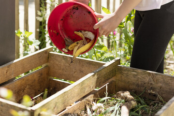 Compost Organic Waste throwing in Compost Bin. Recycling Eco Fertilizer, Sorting Waste, Bio Humus...