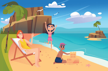 Summer beach background in flat cartoon design. Wallpaper with family resting at resort. Daughter runs by sea, son plays in sand, mother sunbathes. Vector illustration for poster or banner template