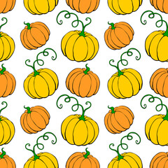 Vector seamless pattern with outline pumpkins in doodle style. Halloween or thanksgiving background and texture