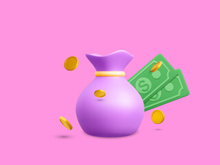 Money bag with falling gold coins and green currency in cartoon style. 3d realistic money object for poster or banner. Vector illustration