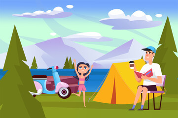 Summer landscape background in flat cartoon design. Wallpaper with family resting in campsite on picnic, dad reading book, daughter running on lawn. Vector illustration for poster or banner template