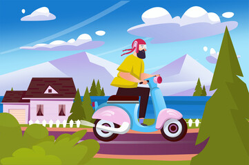 Naklejka premium Summer landscape background in flat cartoon design. Wallpaper with man in helmet rides moped on road with suburb houses, trees, lake and mountains. Vector illustration for poster or banner template