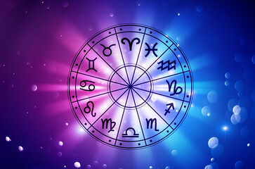 Zodiac signs inside of horoscope circle. Astrology in the sky with many stars and moons  astrology and horoscopes concept