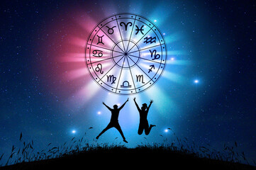 Zodiac signs inside of horoscope circle. Astrology in the sky with many stars and moons  astrology...