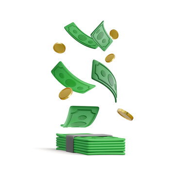 Green currency stack and falling gold coins in cartoon style. 3d realistic money object for poster or banner. Vector illustration