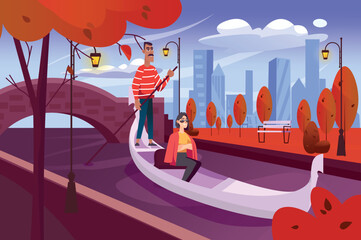Autumn city park background in flat cartoon design. Wallpaper with cityscape of woman traveling and enjoying gondola ride on canal among fall trees. Vector illustration for poster or banner template © DesignSells