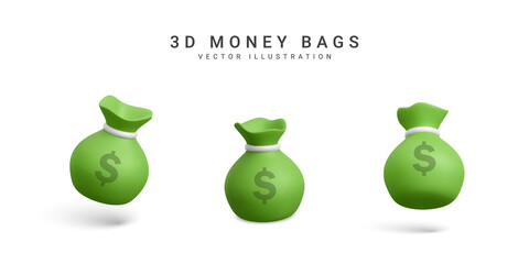 Set of money bags in 3d realistic style. Business and finance. Sack with dollar sign. Vector illustration