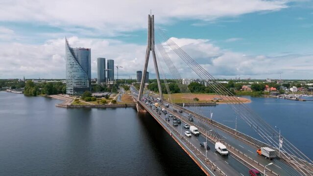 A panoramic image of the Vansu bridge that spans the river Daugava in the Latvian capital of Riga.