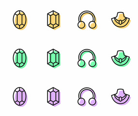 Set line Piercing, Gem stone, and Necklace mannequin icon. Vector