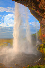 Amazing Seljalandsfoss waterfall with full moon - Iceland "Elements of this image furnished by NASA"