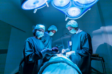 Team of surgeon doctors are performing heart surgery operation for patient from organ donor to save...