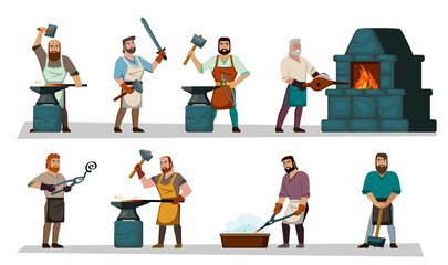 blacksmith workers. craftsmanship making steel tools armor and weapons. Vector cartoon persons