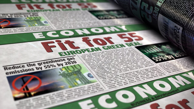 Fit for 55 European Green Deal retro newspaper 3d illustration