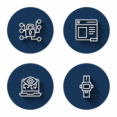 Set line Cyber security, Browser window, Computer vision and Wrist watch with long shadow. Blue circle button. Vector