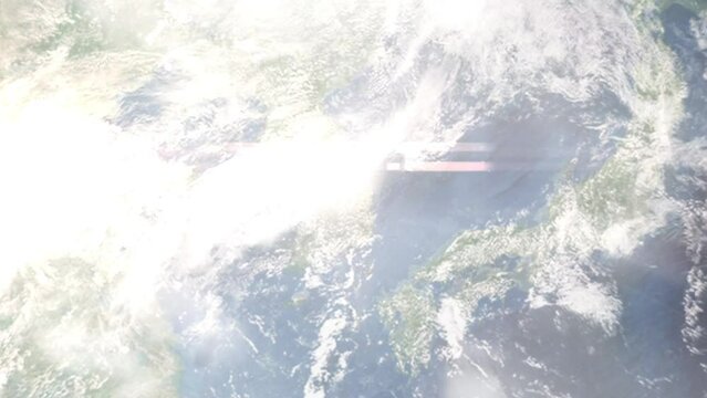 Earth zoom in from outer space to city. Zooming on Andong, South Korea. The animation continues by zoom out through clouds and atmosphere into space. Images from NASA