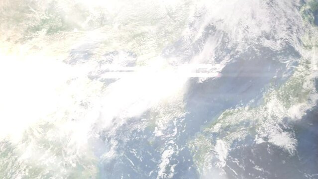 Earth zoom in from outer space to city. Zooming on Anseong, Gyeonggi-do, South Korea. The animation continues by zoom out through clouds and atmosphere into space. Images from NASA