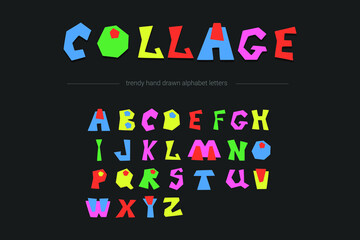 Bright alphabet in cut out collage style. Hand drawing font for children. Flat isolated vector illustration