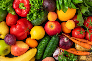 Assortment of fresh organic fruits and vegetables from the market. Healthy diet vegetarian food. Top view