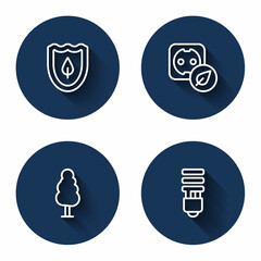 Set line Shield with leaf, Electrical outlet, Tree and LED light bulb with long shadow. Blue circle button. Vector