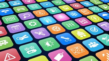 App 3d - Monitor with apps icons set - Set of applications symbols on mobile device screen display - 3d 4K