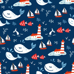 Seamless sea vector pattern, lighthouse, yaht, whales cartoon hand drawn illustration, decorative ocean background with beacon, doodle marine texture, design travel flat fantasy wallpaper for kids