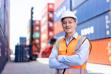Portrait of Caucasian businessman working in container port terminal. 