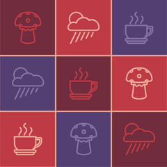Set line Mushroom, Coffee cup and Cloud with rain and sun icon. Vector