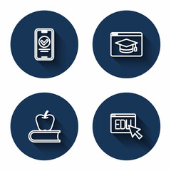 Set line Online quiz, test, survey, education, Book with apple and with long shadow. Blue circle button. Vector