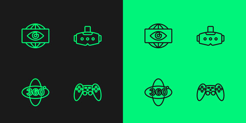 Set line Gamepad, 360 degree view, Big brother electronic eye and Virtual reality glasses icon. Vector
