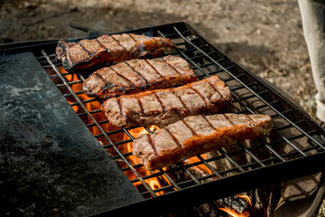 Beef steaks grilling on a cast iron grlill plate on a camp fire. Campfire cooking. Outdoor BBQ