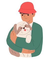 Kid holding, hugging cute dog. Child and puppy friends portrait. Boy, pet owner and home canine animal, doggy companion. Person and sweet pup. Flat  illustration isolated on white background