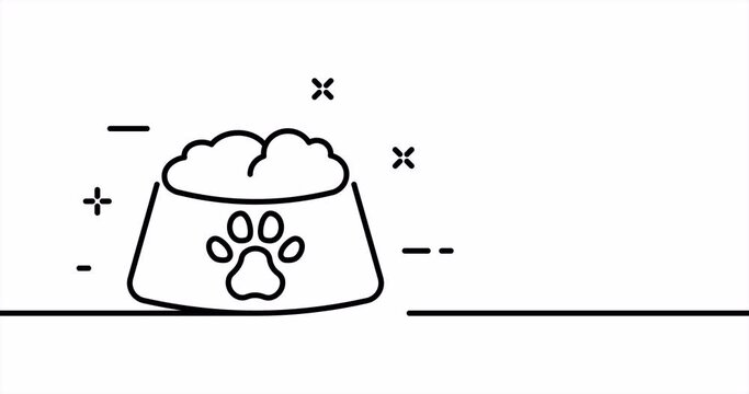 Animal food. Bowl with paw. Feed, take care, love, cat, dog, caring. Pet concept. One line drawing animation. Motion design. Animated technology logo. Video 4K.