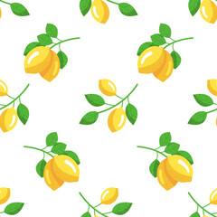 Tropical seamless pattern with yellow lemons on a white. Fruit repeated background. Vector bright print for fabric or wallpaper.