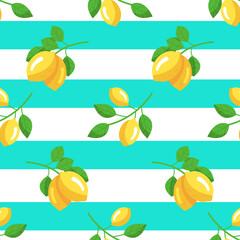 Tropical seamless pattern with yellow lemons on a blue striped background. Vector bright print for fabric or wallpaper.