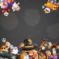 Halloween background. Animals in Halloween costumes and decoration..