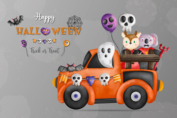 Happy Halloween, Trick and Triat. 31 Oct. Deer and elephant Halloween on car and friends..