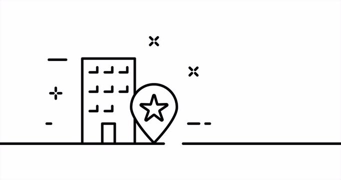 Favorite destination. Building with map pointer and star. GPS navigation, location, orientation. Geolocation concept. One line drawing animation. Motion design. Animated technology logo. Video 4K