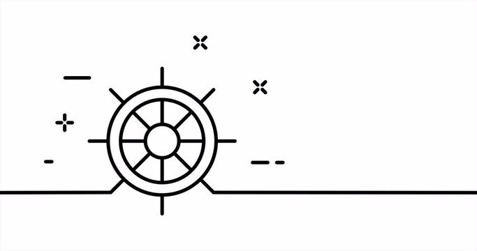 Steering wheel. Helm, wheel, control, navigate, navigation, geography, location, ship. Geolocation concept. One line drawing animation. Motion design. Animated technology logo. Video 4K