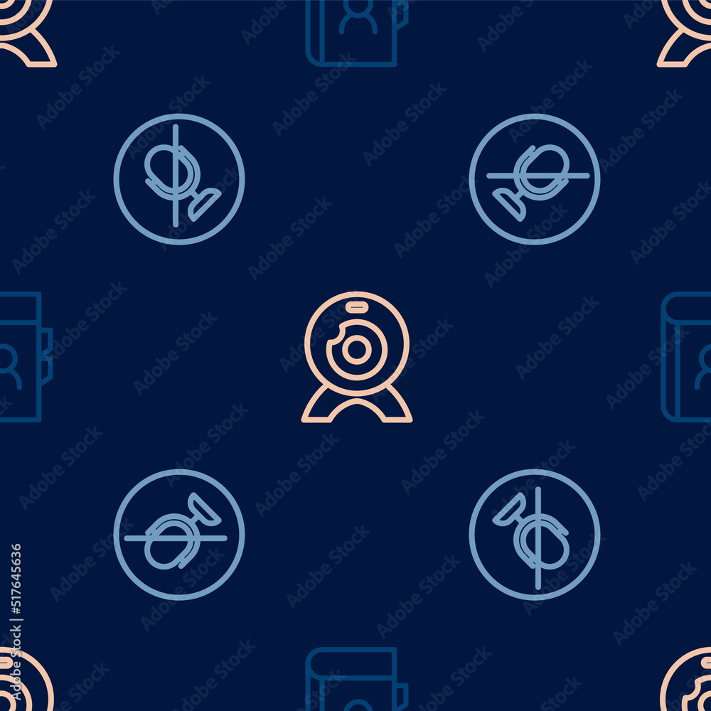 Poster set line phone book, mute microphone and web camera on seamless pattern. vector