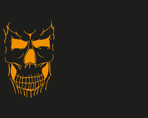 Scary orange skull on black background with copy space. Halloween flyer concept. Halloween background with cranium and copy space.