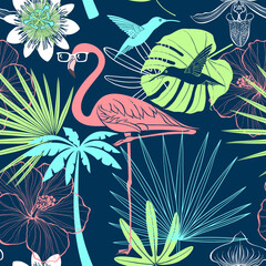 Tropical seamless pattern. Bright vector illustration with cartoon elements. Perfect for design templates, wallpaper, wrapping, fabric and textile.