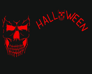 Scary red skull on black background with copy space. Halloween flyer concept. Halloween background with cranium and copy space.