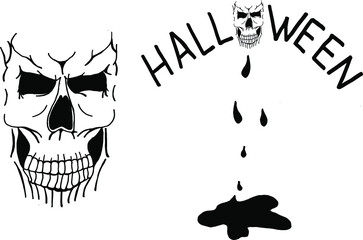 Scary black skull on white background with pool of blood, inscription Halloween and copy space. Halloween flyer concept. Halloween background with cranium and copy space.