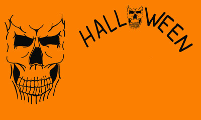 Scary black skull on orange background with copy space. Halloween flyer concept. Halloween background with cranium and copy space.